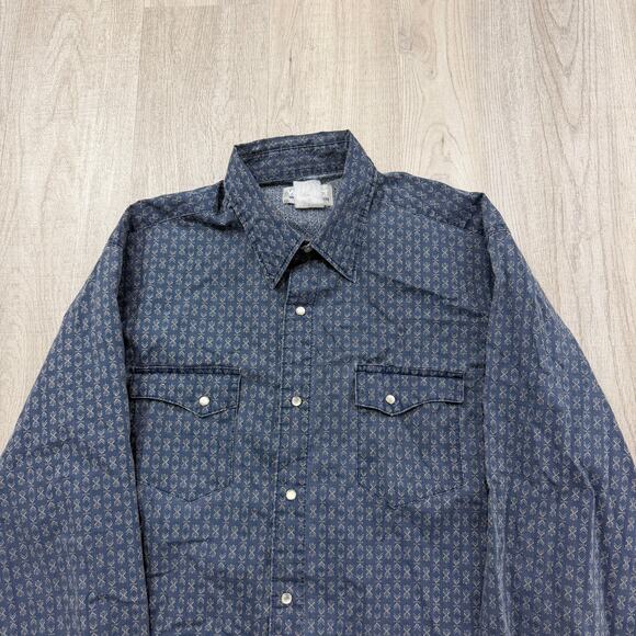 Vintage Wrangler Wrancher Shirt Men's Large Blue Snap Button Geometric Western - Picture 3 of 7